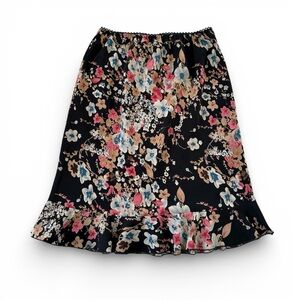 Y2K Vintage 90s Floral Midi Slip Skirt Ruffle Hem Black Multicolor Size M